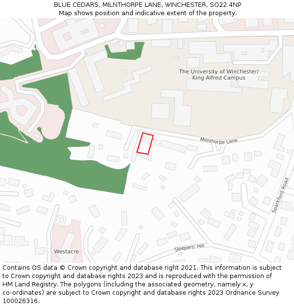 BLUE CEDARS, MILNTHORPE LANE, WINCHESTER, SO22 4NP: Location map and indicative extent of plot
