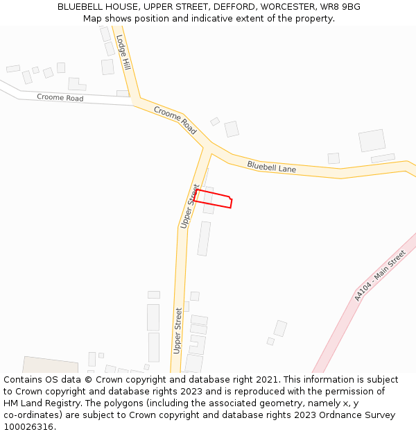 BLUEBELL HOUSE, UPPER STREET, DEFFORD, WORCESTER, WR8 9BG: Location map and indicative extent of plot