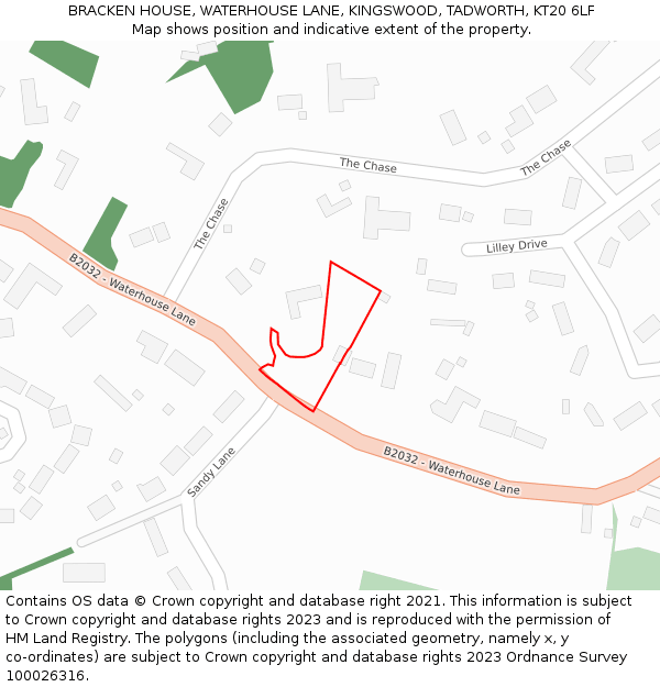 BRACKEN HOUSE, WATERHOUSE LANE, KINGSWOOD, TADWORTH, KT20 6LF: Location map and indicative extent of plot