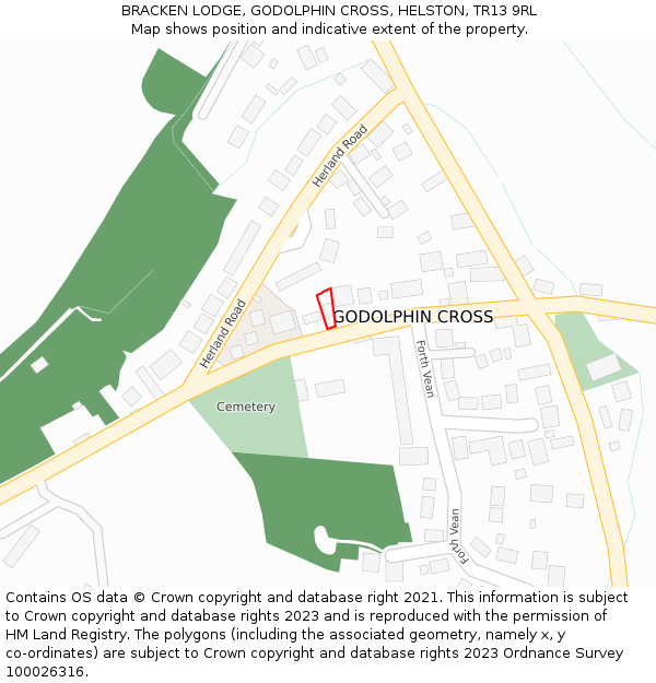 BRACKEN LODGE, GODOLPHIN CROSS, HELSTON, TR13 9RL: Location map and indicative extent of plot