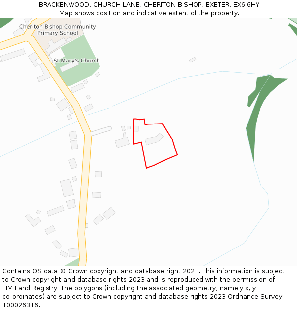 BRACKENWOOD, CHURCH LANE, CHERITON BISHOP, EXETER, EX6 6HY: Location map and indicative extent of plot