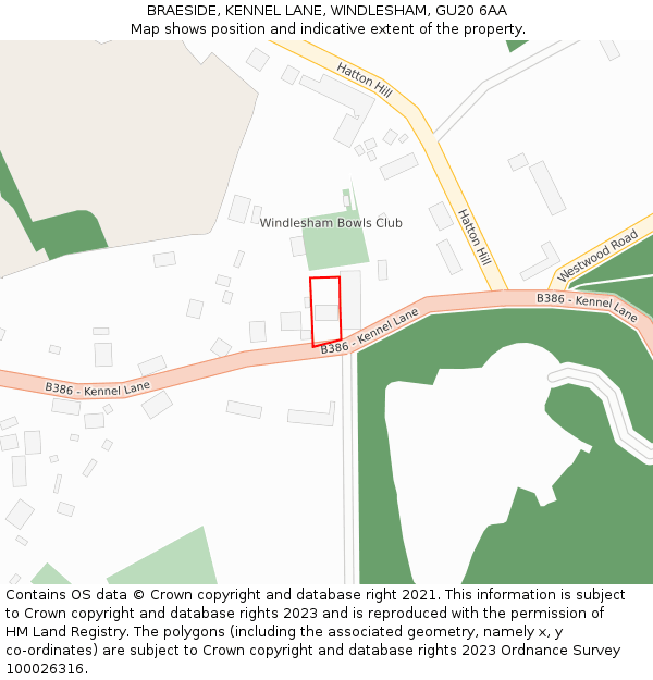 BRAESIDE, KENNEL LANE, WINDLESHAM, GU20 6AA: Location map and indicative extent of plot