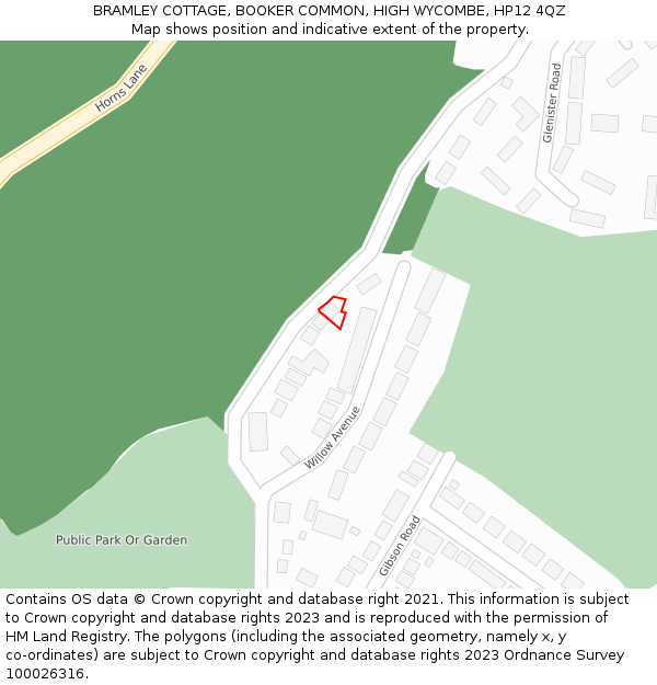 BRAMLEY COTTAGE, BOOKER COMMON, HIGH WYCOMBE, HP12 4QZ: Location map and indicative extent of plot