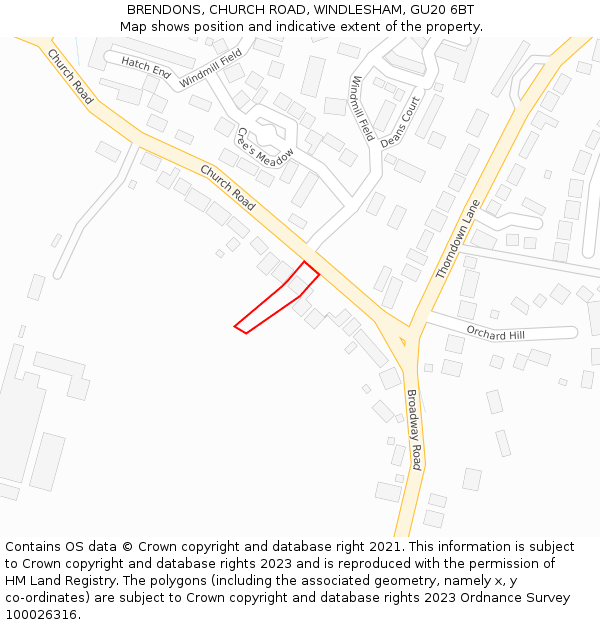 BRENDONS, CHURCH ROAD, WINDLESHAM, GU20 6BT: Location map and indicative extent of plot