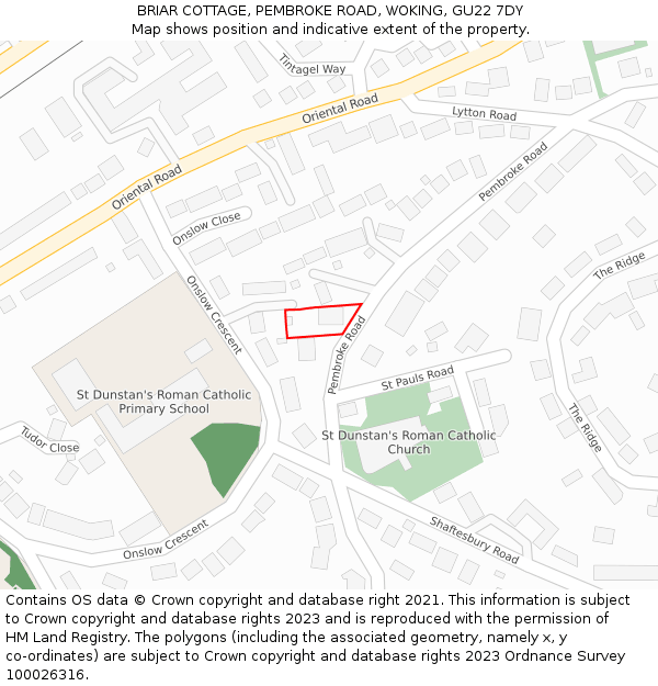 BRIAR COTTAGE, PEMBROKE ROAD, WOKING, GU22 7DY: Location map and indicative extent of plot