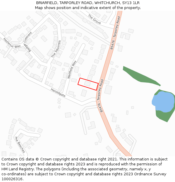 BRIARFIELD, TARPORLEY ROAD, WHITCHURCH, SY13 1LR: Location map and indicative extent of plot