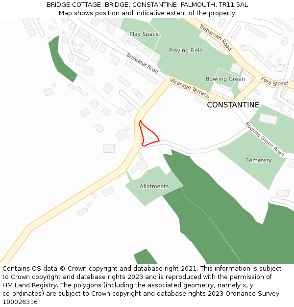 BRIDGE COTTAGE, BRIDGE, CONSTANTINE, FALMOUTH, TR11 5AL: Location map and indicative extent of plot