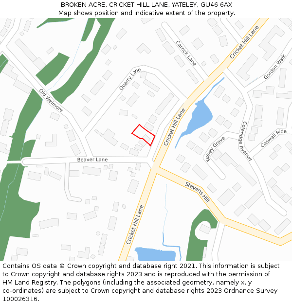 BROKEN ACRE, CRICKET HILL LANE, YATELEY, GU46 6AX: Location map and indicative extent of plot