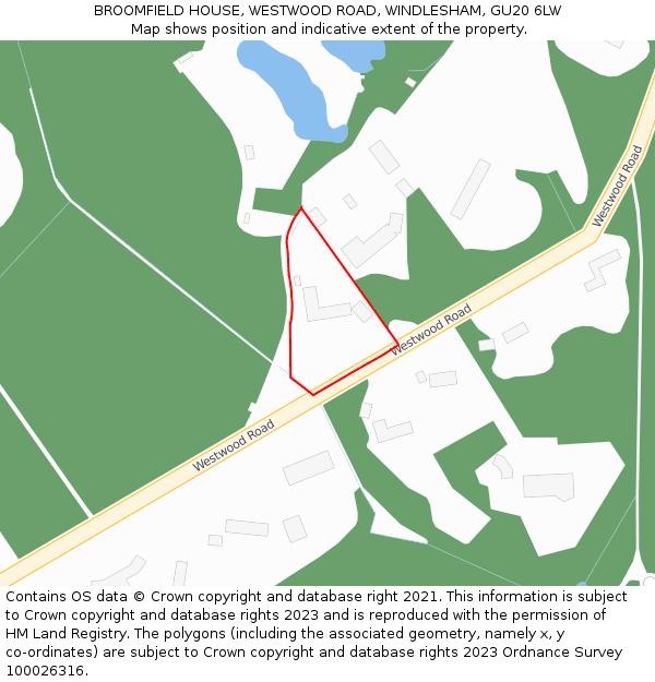 BROOMFIELD HOUSE, WESTWOOD ROAD, WINDLESHAM, GU20 6LW: Location map and indicative extent of plot