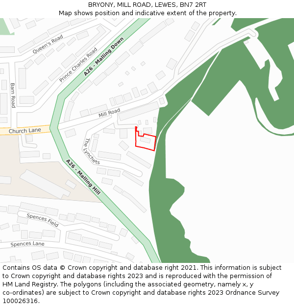 BRYONY, MILL ROAD, LEWES, BN7 2RT: Location map and indicative extent of plot