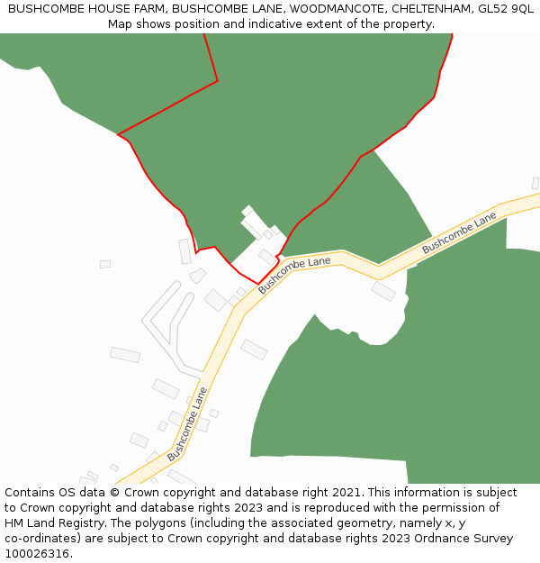 BUSHCOMBE HOUSE FARM, BUSHCOMBE LANE, WOODMANCOTE, CHELTENHAM, GL52 9QL: Location map and indicative extent of plot
