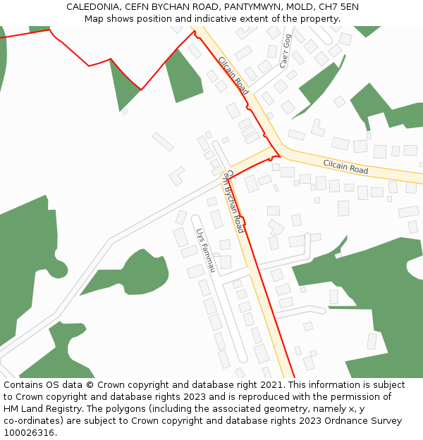 CALEDONIA, CEFN BYCHAN ROAD, PANTYMWYN, MOLD, CH7 5EN: Location map and indicative extent of plot