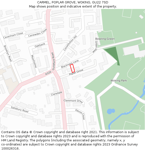 CARMEL, POPLAR GROVE, WOKING, GU22 7SD: Location map and indicative extent of plot