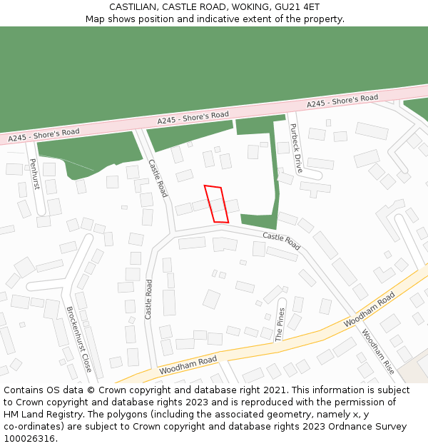 CASTILIAN, CASTLE ROAD, WOKING, GU21 4ET: Location map and indicative extent of plot