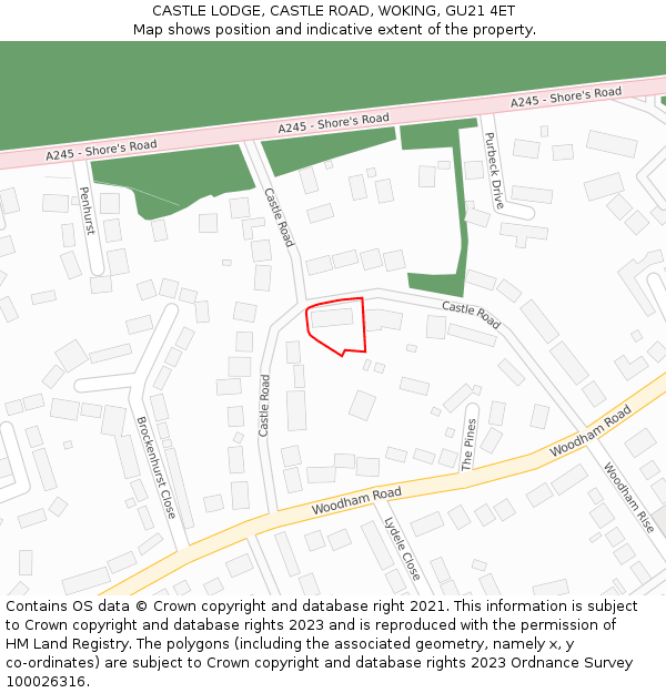 CASTLE LODGE, CASTLE ROAD, WOKING, GU21 4ET: Location map and indicative extent of plot