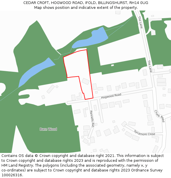 CEDAR CROFT, HOGWOOD ROAD, IFOLD, BILLINGSHURST, RH14 0UG: Location map and indicative extent of plot