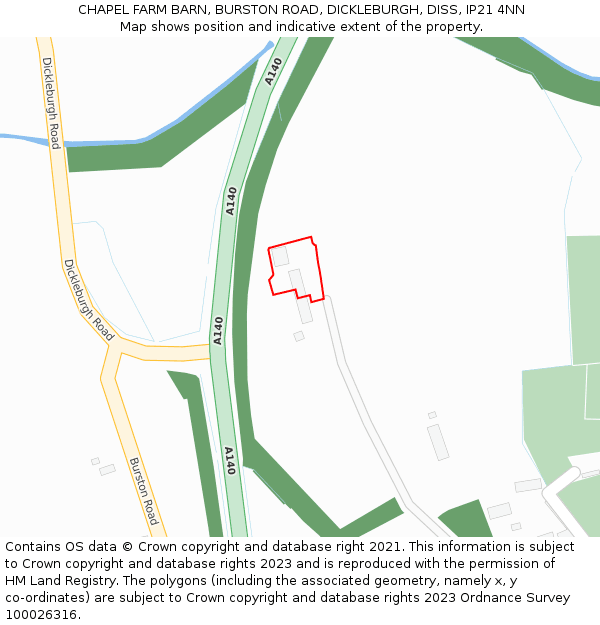 CHAPEL FARM BARN, BURSTON ROAD, DICKLEBURGH, DISS, IP21 4NN: Location map and indicative extent of plot