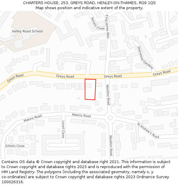 CHARTERS HOUSE, 253, GREYS ROAD, HENLEY-ON-THAMES, RG9 1QS: Location map and indicative extent of plot