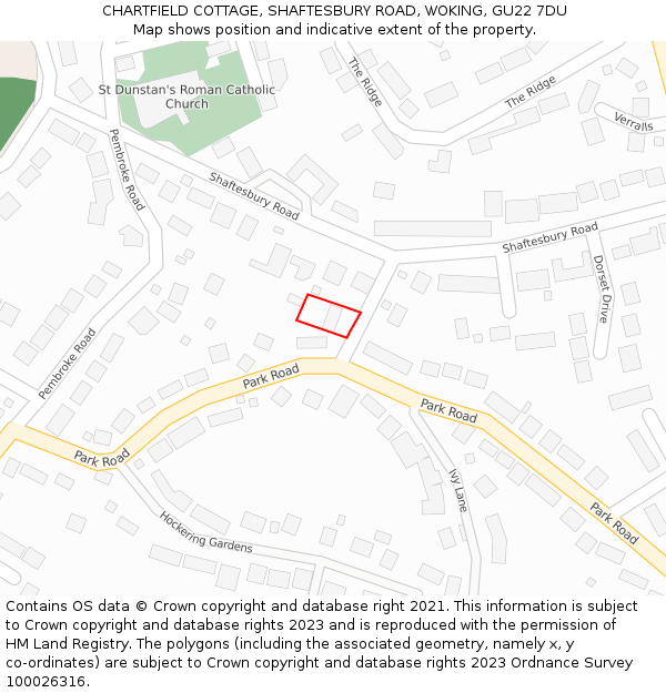 CHARTFIELD COTTAGE, SHAFTESBURY ROAD, WOKING, GU22 7DU: Location map and indicative extent of plot