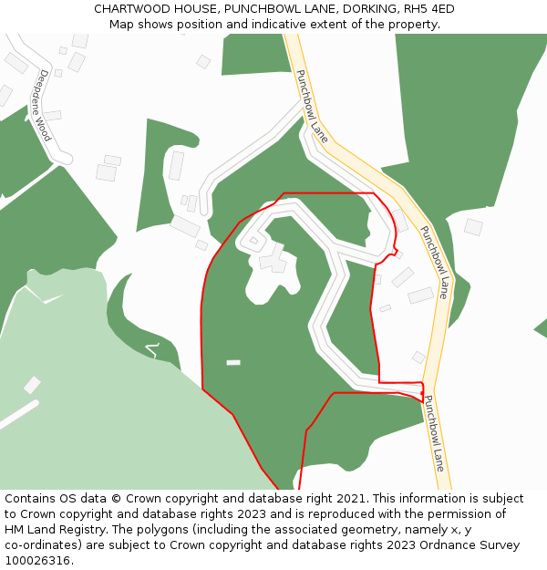 CHARTWOOD HOUSE, PUNCHBOWL LANE, DORKING, RH5 4ED: Location map and indicative extent of plot