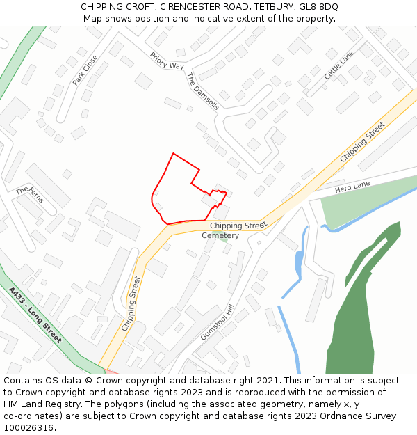 CHIPPING CROFT, CIRENCESTER ROAD, TETBURY, GL8 8DQ: Location map and indicative extent of plot