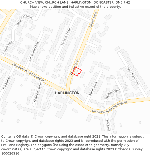 CHURCH VIEW, CHURCH LANE, HARLINGTON, DONCASTER, DN5 7HZ: Location map and indicative extent of plot