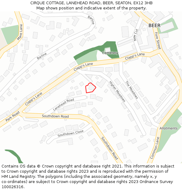 CIRQUE COTTAGE, LANEHEAD ROAD, BEER, SEATON, EX12 3HB: Location map and indicative extent of plot