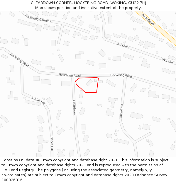 CLEARDOWN CORNER, HOCKERING ROAD, WOKING, GU22 7HJ: Location map and indicative extent of plot