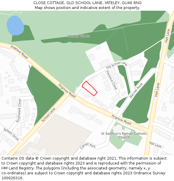 CLOSE COTTAGE, OLD SCHOOL LANE, YATELEY, GU46 6NG: Location map and indicative extent of plot