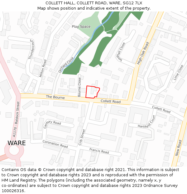 COLLETT HALL, COLLETT ROAD, WARE, SG12 7LX: Location map and indicative extent of plot