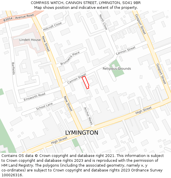 COMPASS WATCH, CANNON STREET, LYMINGTON, SO41 9BR: Location map and indicative extent of plot