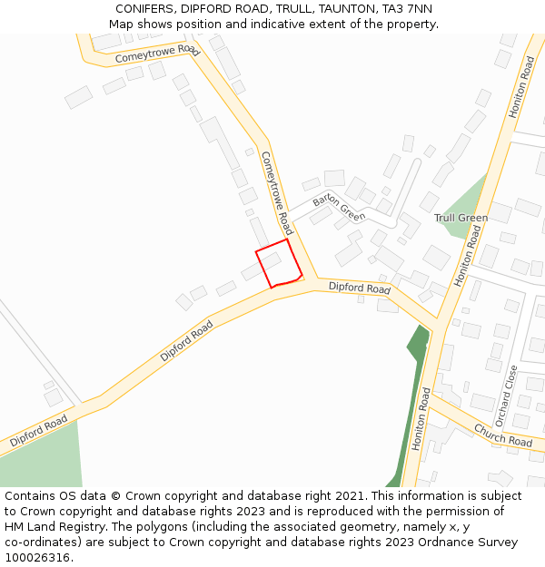 CONIFERS, DIPFORD ROAD, TRULL, TAUNTON, TA3 7NN: Location map and indicative extent of plot