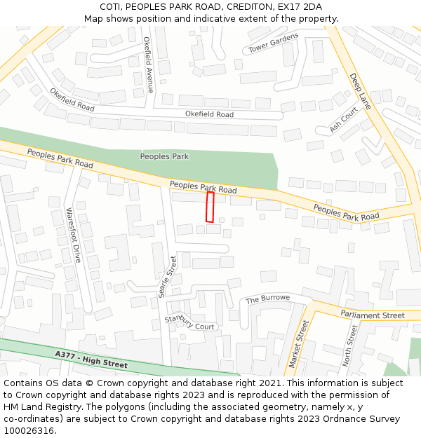 COTI, PEOPLES PARK ROAD, CREDITON, EX17 2DA: Location map and indicative extent of plot