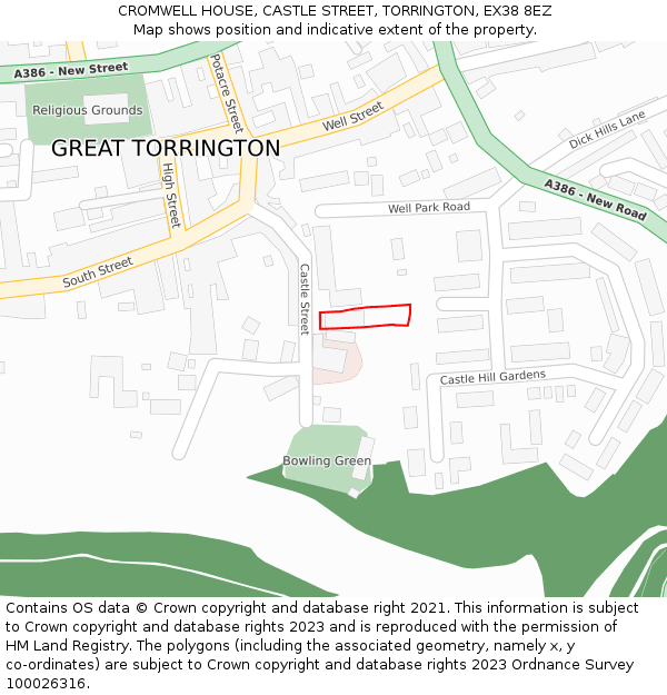 CROMWELL HOUSE, CASTLE STREET, TORRINGTON, EX38 8EZ: Location map and indicative extent of plot