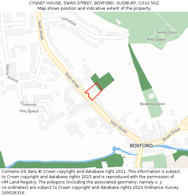 CYGNET HOUSE, SWAN STREET, BOXFORD, SUDBURY, CO10 5NZ: Location map and indicative extent of plot