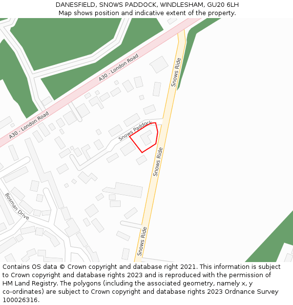 DANESFIELD, SNOWS PADDOCK, WINDLESHAM, GU20 6LH: Location map and indicative extent of plot