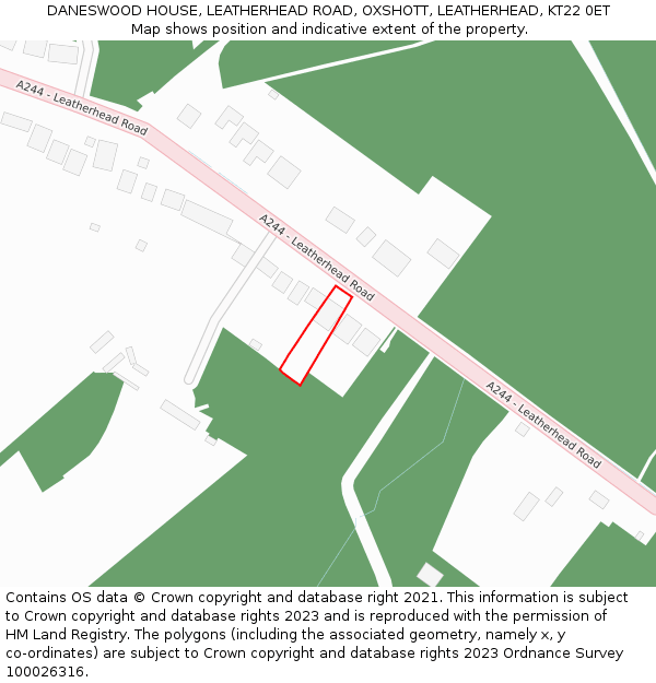 DANESWOOD HOUSE, LEATHERHEAD ROAD, OXSHOTT, LEATHERHEAD, KT22 0ET: Location map and indicative extent of plot