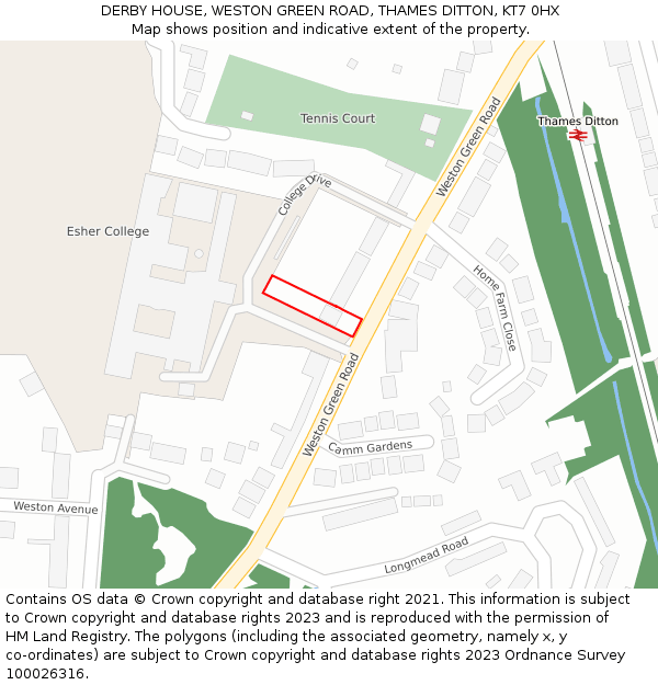 DERBY HOUSE, WESTON GREEN ROAD, THAMES DITTON, KT7 0HX: Location map and indicative extent of plot