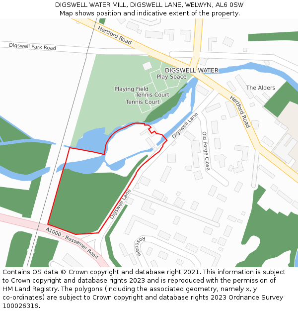 DIGSWELL WATER MILL, DIGSWELL LANE, WELWYN, AL6 0SW: Location map and indicative extent of plot