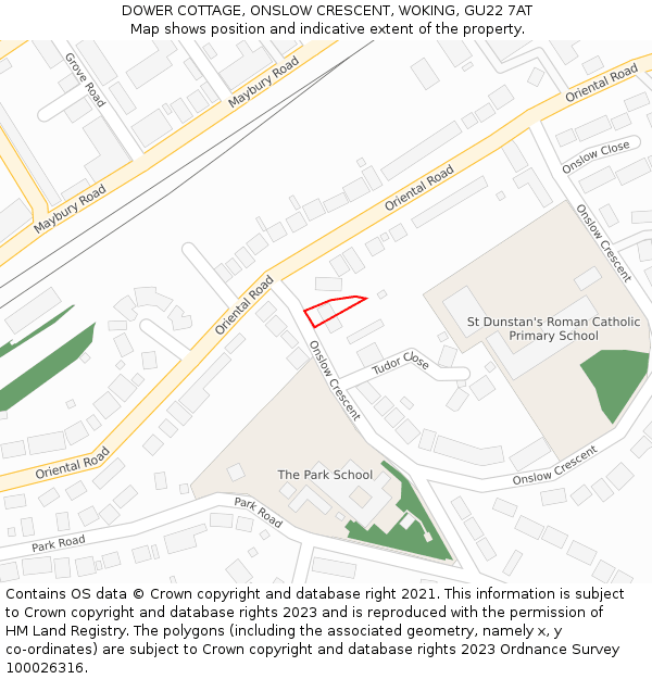 DOWER COTTAGE, ONSLOW CRESCENT, WOKING, GU22 7AT: Location map and indicative extent of plot