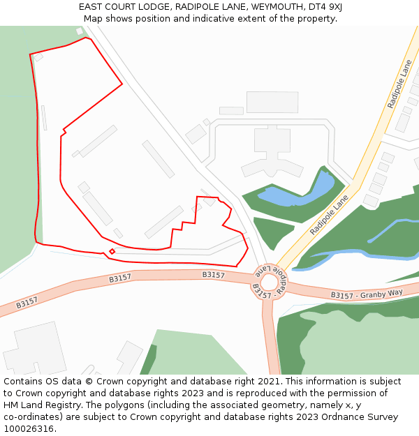 EAST COURT LODGE, RADIPOLE LANE, WEYMOUTH, DT4 9XJ: Location map and indicative extent of plot