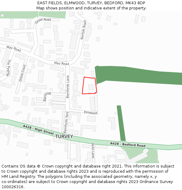 EAST FIELDS, ELMWOOD, TURVEY, BEDFORD, MK43 8DP: Location map and indicative extent of plot