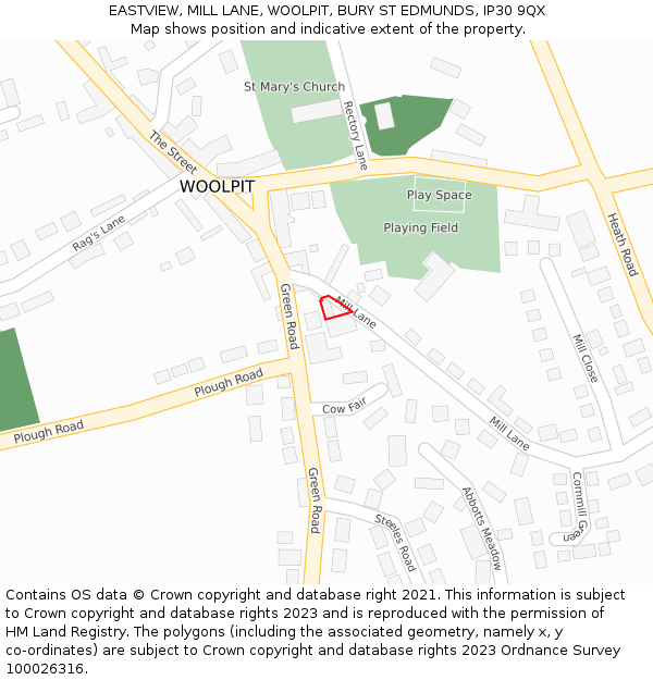 EASTVIEW, MILL LANE, WOOLPIT, BURY ST EDMUNDS, IP30 9QX: Location map and indicative extent of plot