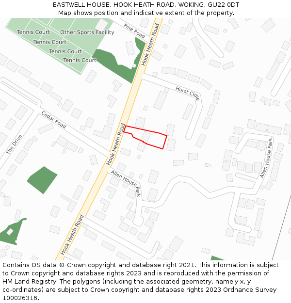 EASTWELL HOUSE, HOOK HEATH ROAD, WOKING, GU22 0DT: Location map and indicative extent of plot