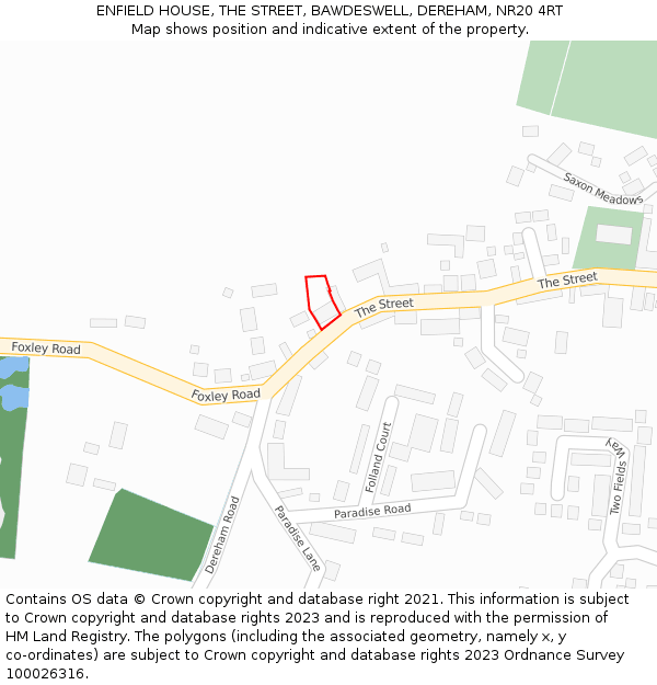ENFIELD HOUSE, THE STREET, BAWDESWELL, DEREHAM, NR20 4RT: Location map and indicative extent of plot