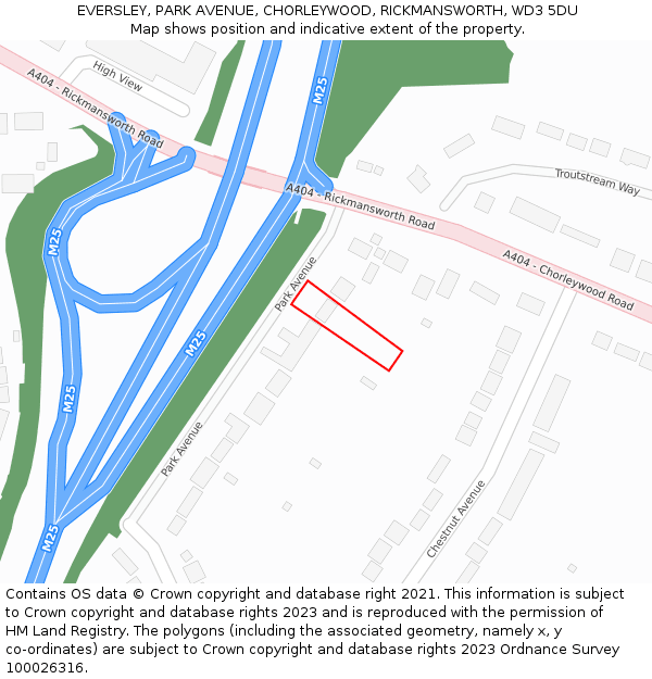 EVERSLEY, PARK AVENUE, CHORLEYWOOD, RICKMANSWORTH, WD3 5DU: Location map and indicative extent of plot