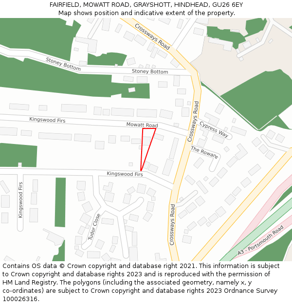 FAIRFIELD, MOWATT ROAD, GRAYSHOTT, HINDHEAD, GU26 6EY: Location map and indicative extent of plot