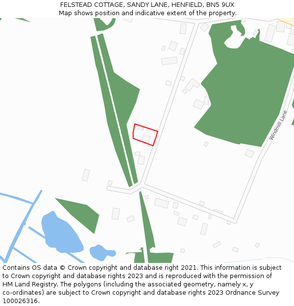 FELSTEAD COTTAGE, SANDY LANE, HENFIELD, BN5 9UX: Location map and indicative extent of plot