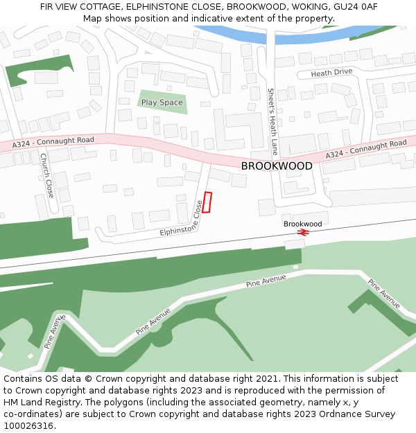 FIR VIEW COTTAGE, ELPHINSTONE CLOSE, BROOKWOOD, WOKING, GU24 0AF: Location map and indicative extent of plot
