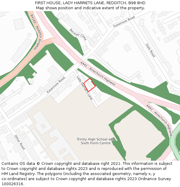 FIRST HOUSE, LADY HARRIETS LANE, REDDITCH, B98 8HD: Location map and indicative extent of plot